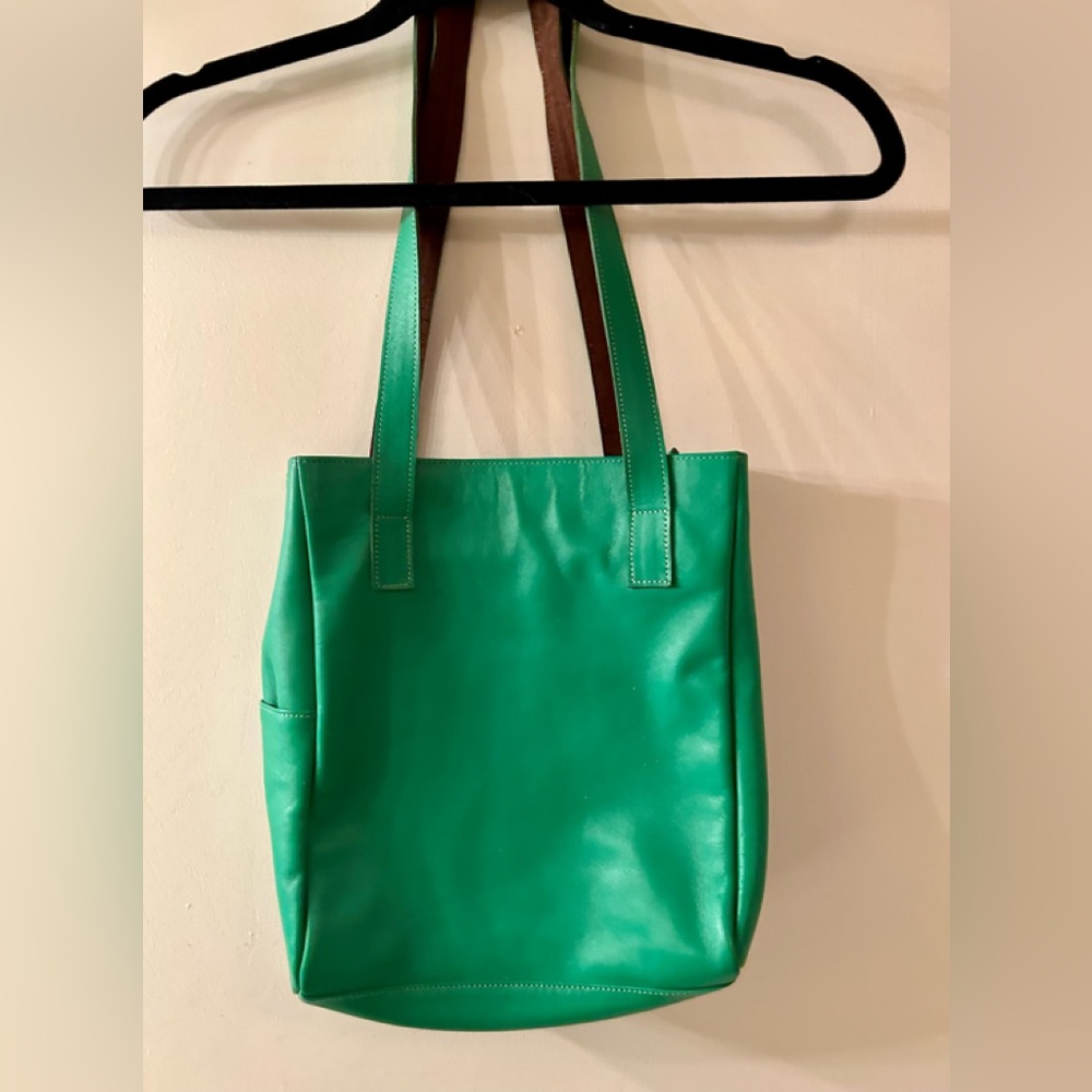 Green leather bag.